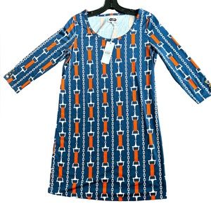 Mud Pie Equestrian Blair Shift Navy Orange White Chain Dress Sz S Horsebit